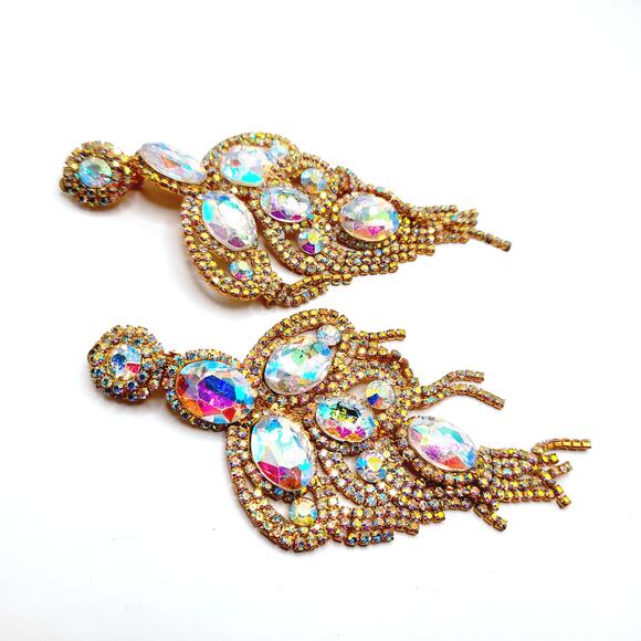 Runway Aurora Borealis Rhinestone Earrings Gold Tone Long Clip On Statement - Picture 9 of 9